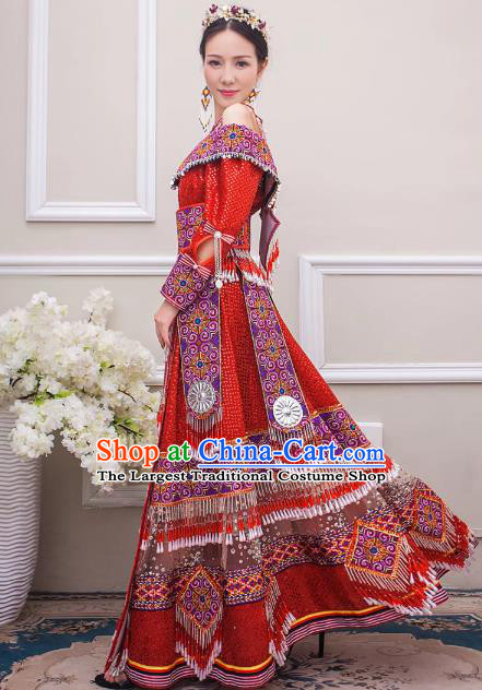 Traditional Yunnan Miao Minority Wedding Red Dress China Ethnic Bride Clothing with Hair Accessories