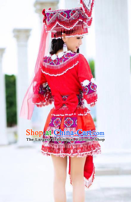 China Ethnic Beauty Clothing Miao Minority Traditional Festival Folk Dance Costume Bride Red Dress and Headwear