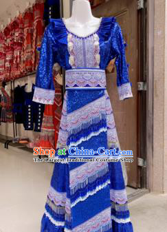Traditional China Ethnic Women Royalblue Long Dress Hmong Bride Costumes Yunnan Mengzi Miao Minority Clothing