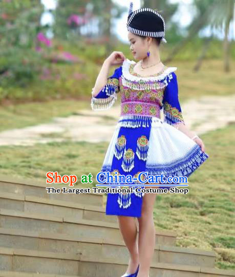 Traditional China Yao Ethnic Female Royalblue Outfits Yunnan Minority Costumes and Hat