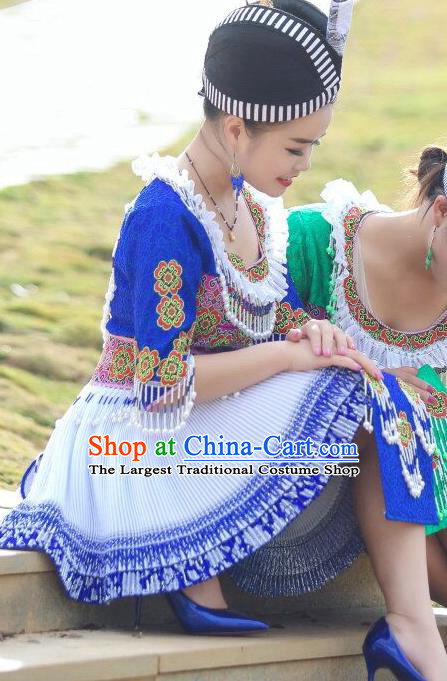 Traditional China Yao Ethnic Female Royalblue Outfits Yunnan Minority Costumes and Hat