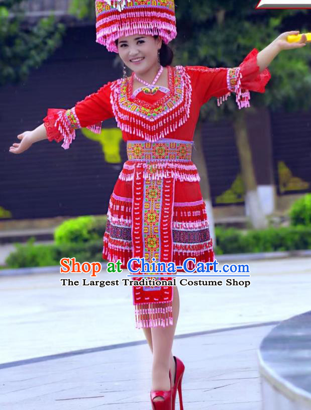 China Yunnan Miao Minority Folk Dance Costumes Ethnic Women Clothing Red Blouse and Short Skirt Outfits with Headwear