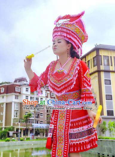 China Yunnan Miao Minority Folk Dance Costumes Ethnic Women Clothing Red Blouse and Short Skirt Outfits with Headwear