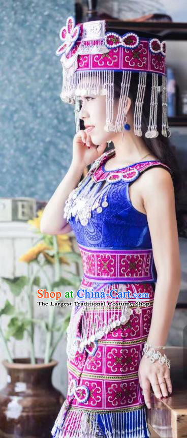 China Miao Minority Clothing Royalblue Dress Ethnic Women Folk Dance Costumes with Hair Accessories