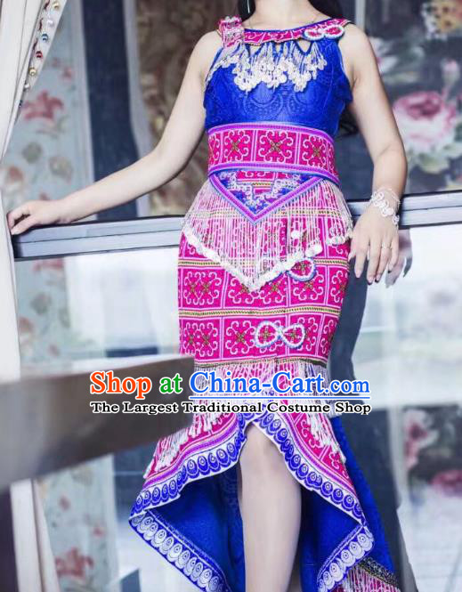 China Miao Minority Clothing Royalblue Dress Ethnic Women Folk Dance Costumes with Hair Accessories