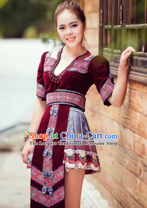 China Folk Dance Wine Red Velvet Short Dress Yunnan Wenshan Miao Minority Clothing for Women