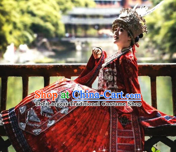 China Xiangxi Miao Ethnic Apparels Miao Nationality Bride Clothing Hmong Minority Wedding Embroidered Red Dress and Hair Accessories