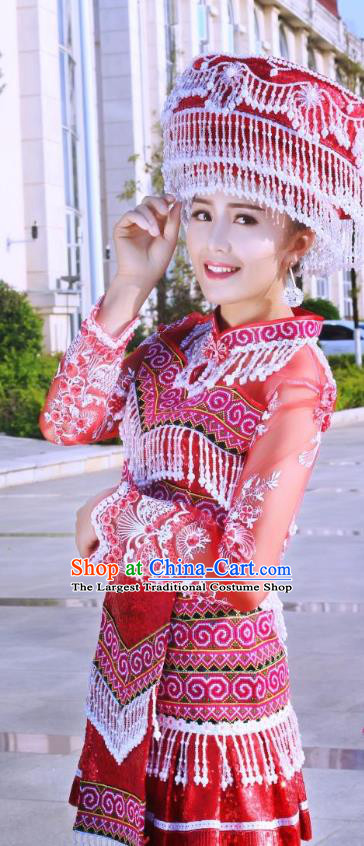 China Hmong Ethnic Female Red Short Dress Yunnan Miao Minority Clothing Folk Dance Apparels and Headwear