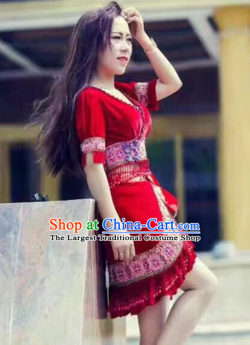 China Yunnan Miao Minority Clothing Folk Dance Apparels Ethnic Female Red Velvet Blouse and Skirt