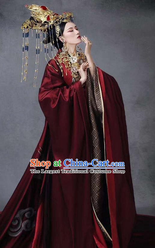 Chinese Ancient Queen Wu Zetian Hanfu Dress Traditional Tang Dynasty Female King Costumes and Headdress Full Set