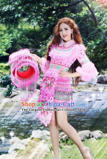 China Miao Minority Bride Clothing Travel Photography Apparels Ethnic Folk Dance Pink Blouse and Skirt with Hat