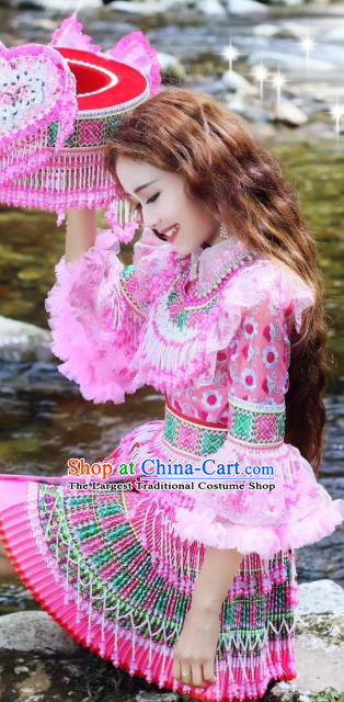 China Miao Minority Bride Clothing Travel Photography Apparels Ethnic Folk Dance Pink Blouse and Skirt with Hat