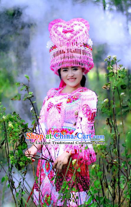 China Yunnan Ethnic Folk Dance Blouse and Skirt with Hat Miao Minority Bride Clothing Travel Photography Apparels