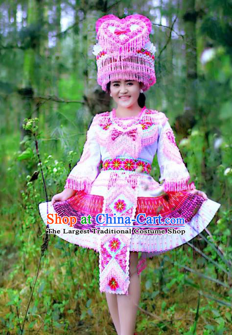 China Yunnan Ethnic Folk Dance Blouse and Skirt with Hat Miao Minority Bride Clothing Travel Photography Apparels