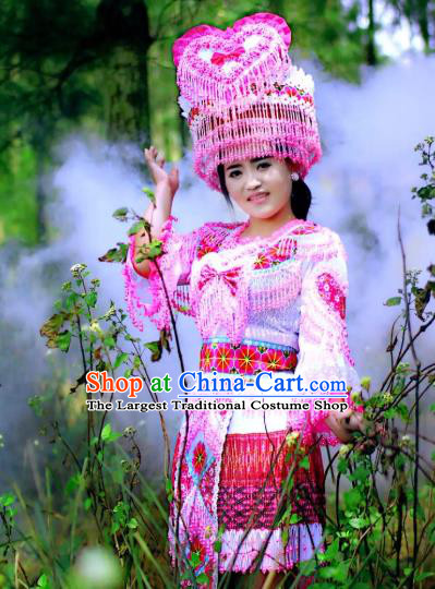 China Yunnan Ethnic Folk Dance Blouse and Skirt with Hat Miao Minority Bride Clothing Travel Photography Apparels