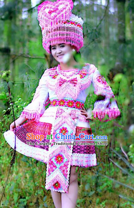 China Yunnan Ethnic Folk Dance Blouse and Skirt with Hat Miao Minority Bride Clothing Travel Photography Apparels