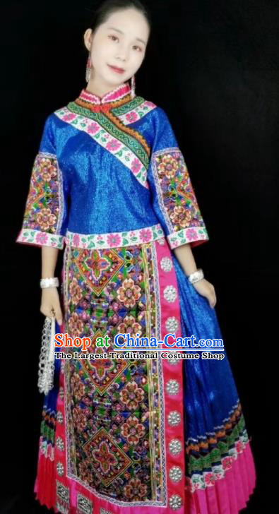 China Traditional Minority Stage Performance Apparels Ethnic Bride Clothing Miao Nationality Embroidered Blue Blouse and Skirt with Headdress