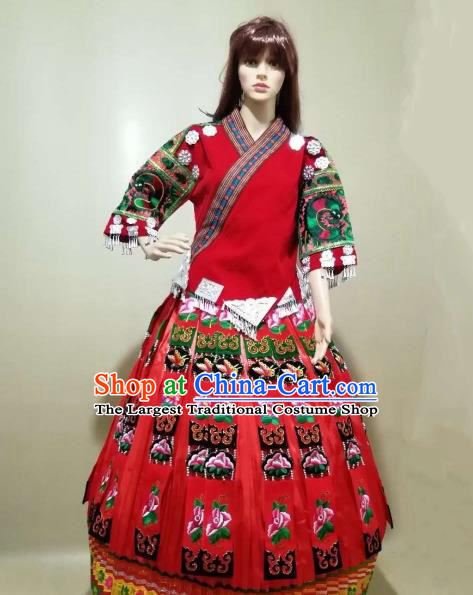 China Traditional Hmong Women Apparels Embroidered Red Blouse and Skirt Miao Nationality Minority Folk Dance Costumes Ethnic Wedding Clothing