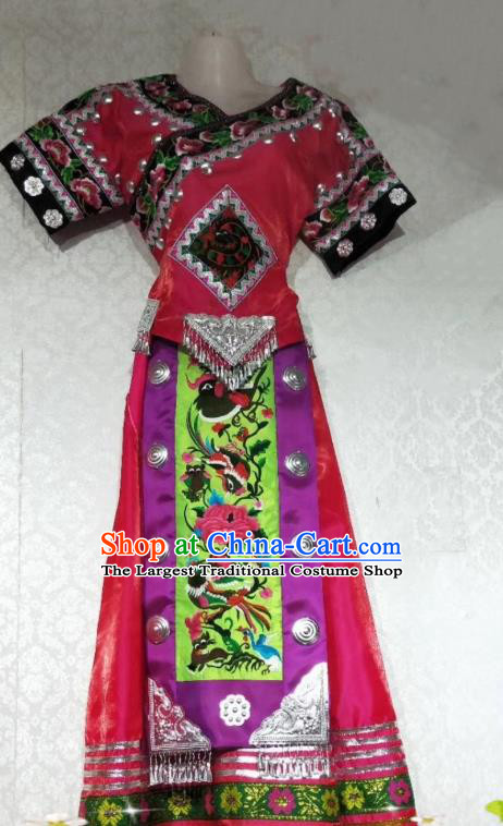China Traditional Miao Ethnic Nationality Stage Show Embroidered Costumes Folk Dance Rosy Blouse and Skirt Outfits