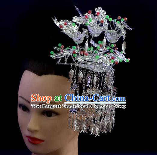 Quality Chinese Miao Minority Silver Fishes Tassel Hair Stick Festival Hair Accessories Ethnic Nationality Three Birds Hairpins