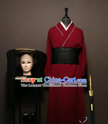 China Drama Ancient Swordsman Red Clothing Three Kingdoms Lv Bu Male Costumes and Bamboo Hat