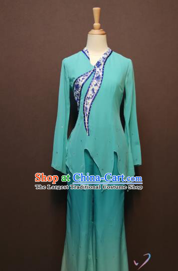 China Folk Dance Costumes Fan Dance Dress Spring Festival Gala Blue Blouse and Pants Outfits