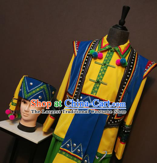 China Traditional Puyi Nationality Costumes Buyei Ethnic Folk Dance Clothing Minority Men Vest Shirt Pants and Hat