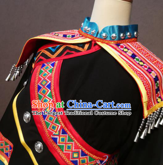 China Traditional Nationality Minority Costumes Sibo Ethnic Folk Dance Clothing Women Black Blouse and Skirt with Headdress