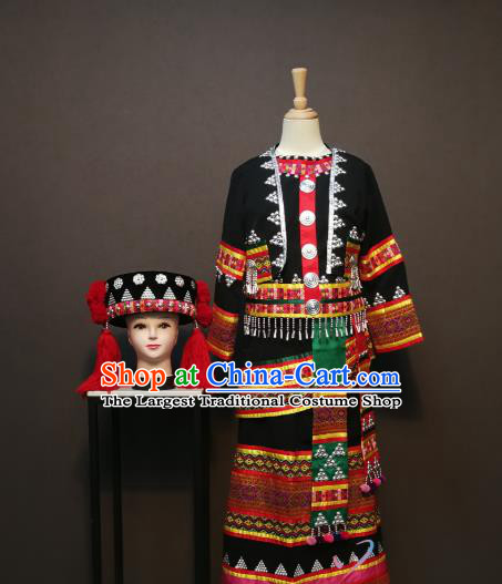 China Traditional Tujia Nationality Costumes Dai Minority Women Black Blouse and Skirt Ethnic Folk Dance Clothing with Headdress