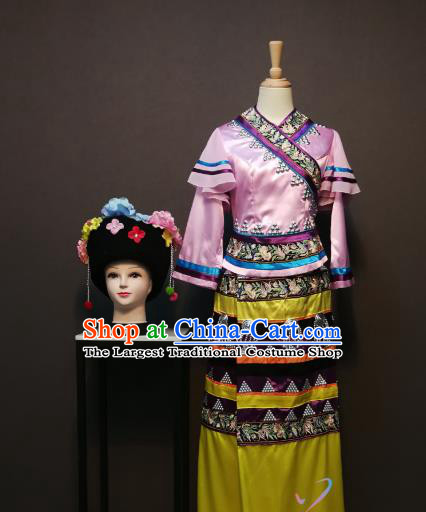 China Traditional Wa Nationality Costumes Bouyei Minority Women Pink Blouse and Skirt Ethnic Folk Dance Clothing with Headwear