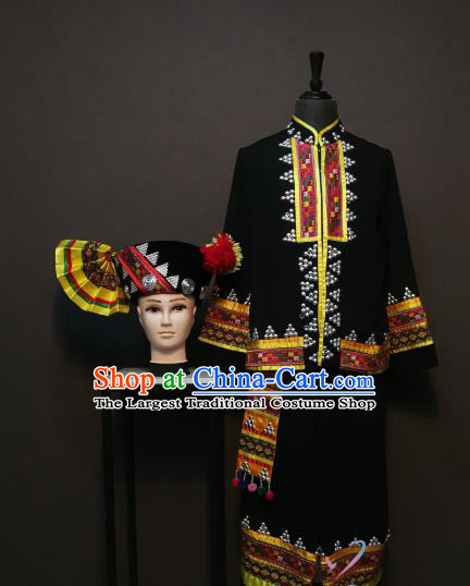 China Traditional Yunnan Nationality Men Costumes Ethnic Folk Dance Clothing Dai Minority Black Shirt and Pants with Hat