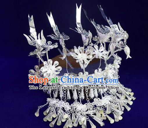 Chinese Ethnic Women Hair Accessories Guizhou Miao Nationality Tassel Hairpins Silver Five Birds Hair Crown