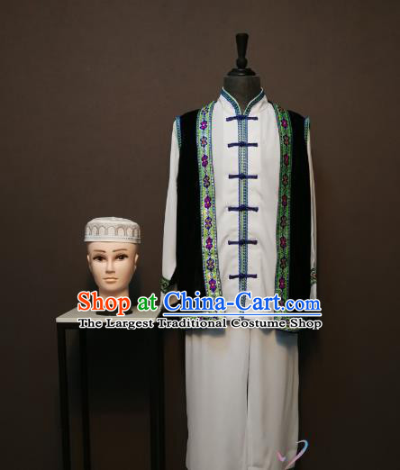 China Traditional Hui Ethnic Dance Clothing Minority Men Costumes Ningxia Nationality Vest Shirt and Pants and Headwear
