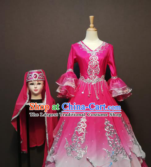 China Traditional Xinjiang Ethnic Folk Dance Clothing Minority Women Costumes Kazak Nationality Embroidered Rosy Dress and Headwear