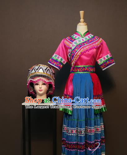 Custom China Traditional Li Li Ethnic Folk Dance Clothing Yunnan Minority Women Costumes Pumi Nationality Rosy Blouse and Blue Long Skirt and Hat