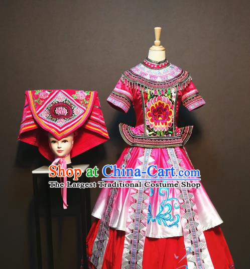 Custom China Traditional Zhuang Ethnic Folk Dance Clothing Guangxi Minority Women Costumes Nationality San Yue San Festival Rosy Embroidered Dress and Headdress