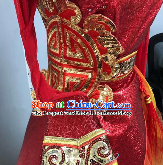 Traditional China Classical Dance Costume New Year Drum Dance Red Dress and Hair Accessories for Women