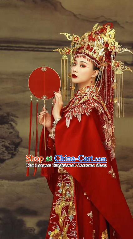 Chinese Wedding Embroidered Red Hanfu Dress Traditional Costumes Bride Xiuhe Suits with Cloak and Headdress Complete Set