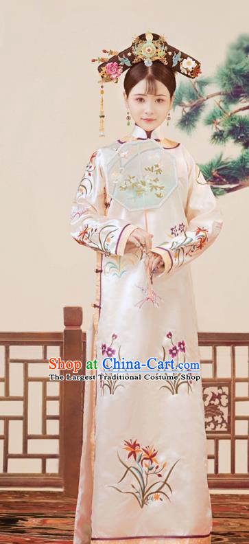 Chinese Qing Dynasty Manchu Princess Costumes Traditional Ancient Court Lady Embroidered Orchids Dress and Headpieces