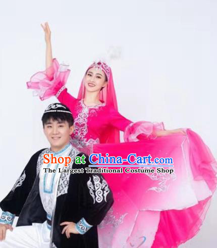 Custom China Xinjiang Ethnic Bride Clothing Traditional Minority Folk Dance Costumes Kazak Nationality Rosy Dress and Hat