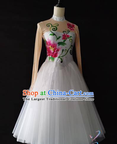 Women Jasmine Flower Dance Clothing China Spring Festival Gala Opening Dance Costumes Embroidered Peony White Dress