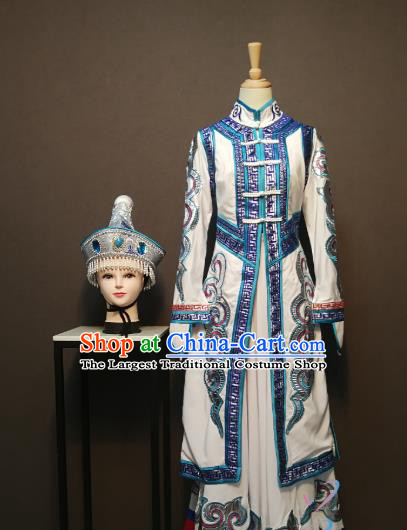 Custom China Mongol Ethnic Clothing Traditional Minority Folk Dance Costumes Mongolian Nationality Women White Dress and Hat