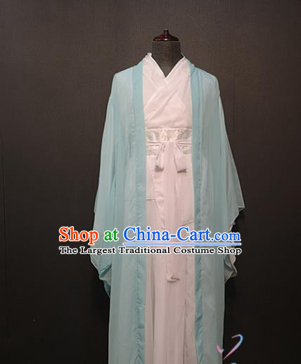 China Ancient Swordsman Clothing Drama Han Dynasty Scholar Costume Blue Cape and White Robe