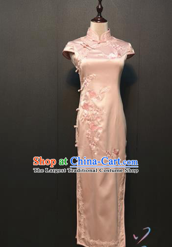 Republic of China Shanghai Qipao Dress Drama Performance Classical Dance Clothing Embroidered Pink Silk Cheongsam