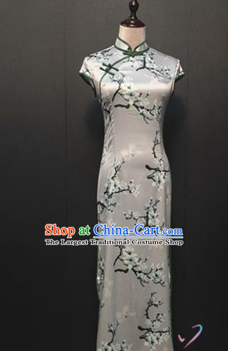 Custom Printing Magnolia Gray Silk Cheongsam Drama Performance Clothing Republic of China Classical Young Mistress Qipao Dress