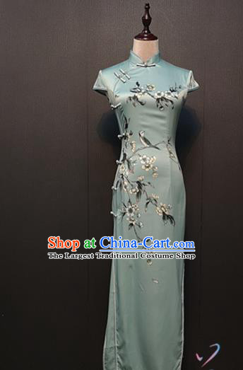 Custom Printing Pear Blossom Green Silk Cheongsam Drama Performance Clothing Republic of China Classical Shanghai Qipao Dress