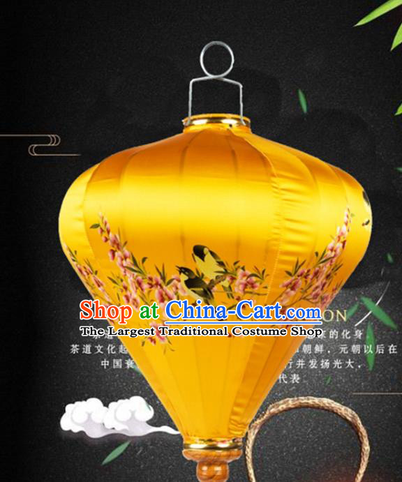 Handmade Chinese Printing Peach Blossom Birds Palace Lanterns Traditional New Year Lantern Classical Festival Golden Satin Lamp