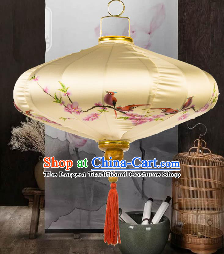 Handmade Chinese Printing Peach Blossom Beige Palace Lanterns Traditional New Year Lantern Classical Festival Silk Lamp