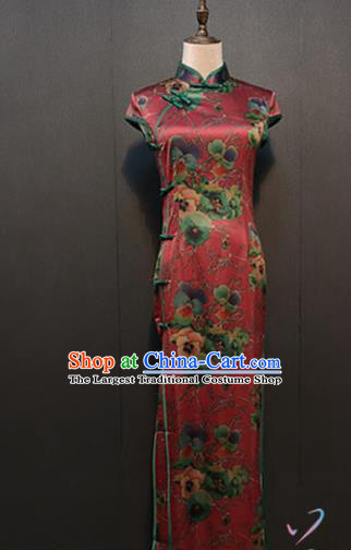 Custom Stage Performance Clothing Republic of China Classical Cheongsam Drama Women Dark Red Silk Qipao Dress
