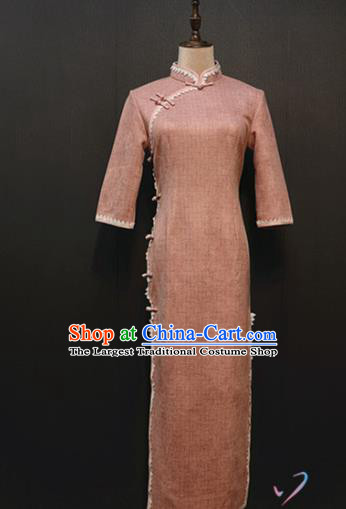 Custom Suede Fabric Qipao Dress Stage Performance Clothing Republic of China Drama Women Classical Pink Cheongsam